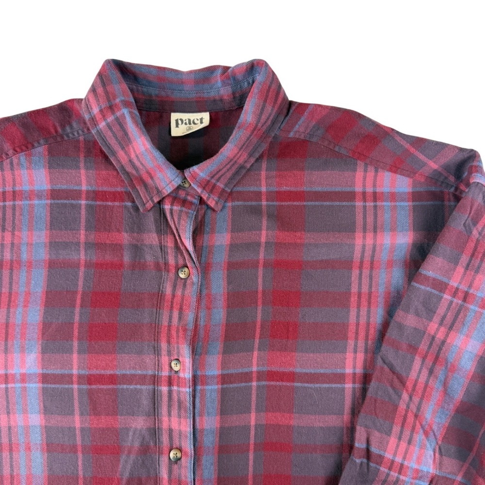 Pact Organic Cotton Flannel Shirt Womens XL XXL Burgundy Red Plaid Button Down